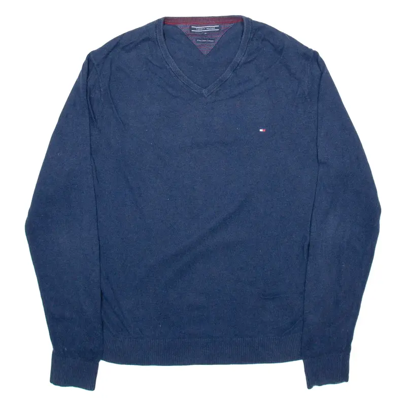 TOMMY HILFIGER Mens Jumper Blue V-Neck Tight Knit XL