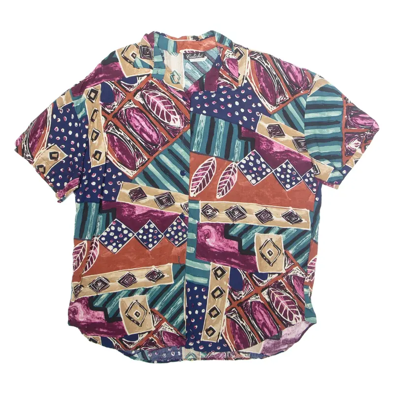 CALICHE Womens Printed Blouse Blue Collared Crazy Pattern L
