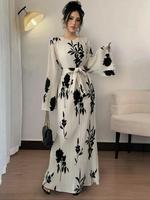 Women's Floral Print Belted Flounce Sleeve Dress, Elegant Modesty Long Sleeve Round Neck A Line Dress for Spring & Fall, Wome...