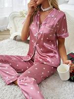 Women's Heart Print Pyjama Two-piece Set, Casual Button Up Short Sleeve Lapel Shirt & Elastic Waist Pants Pajama Set, Sleepw...