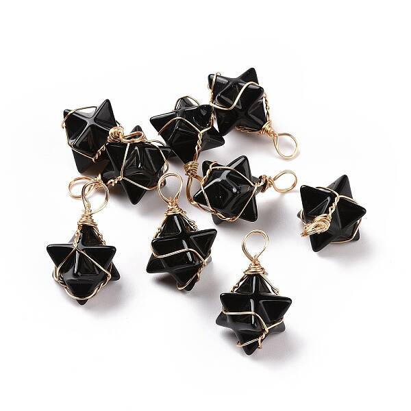 Natural Obsidian Copper Wire Wrapped Pendants