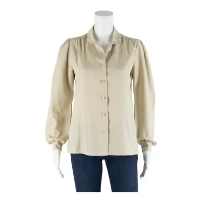 LADY HOLIDAY Frill Detail Blouse Beige Collared Long Sleeve Womens S