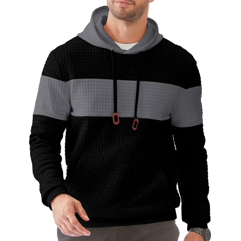 JMIERR Mens Hooded Sweatshirt Lightweight Waffle Casual Long Sleeve Drawstring Color Block Knit Pullover with Kanga Pocket,Me...