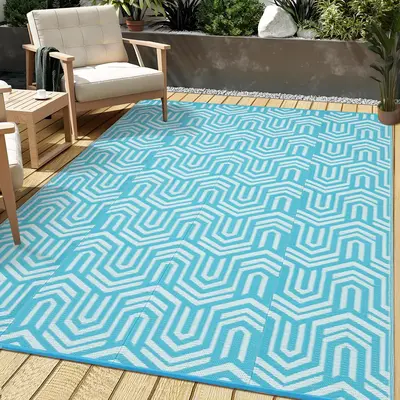 Garvee Reversible Outdoor Plastic Mat - Waterproof Lightweight Patio Rug - Modern Blue/White Geometric Area Carpet for Campin...