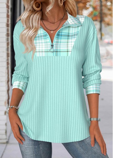 Modlily Light Green Tummy Coverage Plaid Long Sleeve Sweatshirt - M