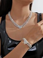 Rhinestone Heart Decor Chain Necklace & Bracelet, Hip Hop Style Vintage Jewelry Set, Cool Chunky Cuban Chain, for Party, Dail...
