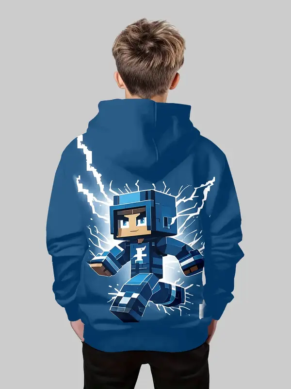 Boys' Fashion 3D Print Hoodie Sweatshirt, Casual Long Sleeve Pullover with Pockets, Stretch Polyester Blend, Ideal for Daily ...