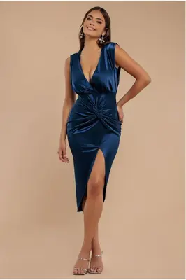Goddiva Satin Wrap Knotted Midi Dress - Navy