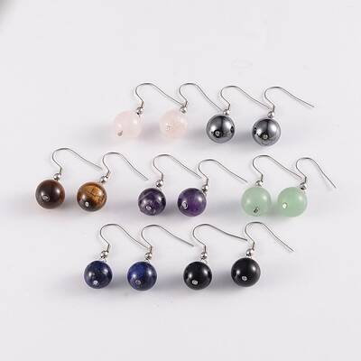 Round 304 Stainless Steel Natural Mixed Stone Dangle Earrings