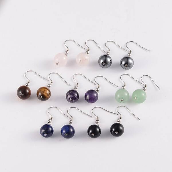 Round 304 Stainless Steel Natural Mixed Stone Dangle Earrings