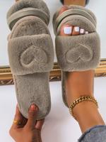 Women's Shoes, Heart Embroidered Fuzzy Slippers, Soft Plush Lining Bedroom Slippers, Wide Band Cute Warm Slippers, Fall Winte...