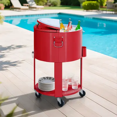 SUNJOY 60 Quart Patio Rooling Cooler Cart with Bottle Opener, Shelf and Lockable Wheels - Red