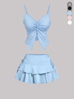 Two-piece Set Women's Solid Color Tie Shoulder Crop Top & Side Tie Skirt, Casual Fashion for Daily Outdoor Wear, Ladies Cloth...