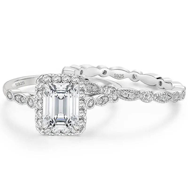 EAMTI 2CT 925 Sterling Silver Bridal Ring Sets Emerald Cut CZ Promise Rings Marquise Wedding Bands for Women