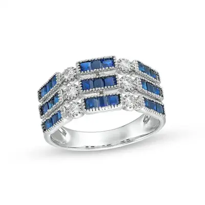 14K White Gold Round & Baguette Diamond & Sapphire Stackable Band I Color I1 Clarity