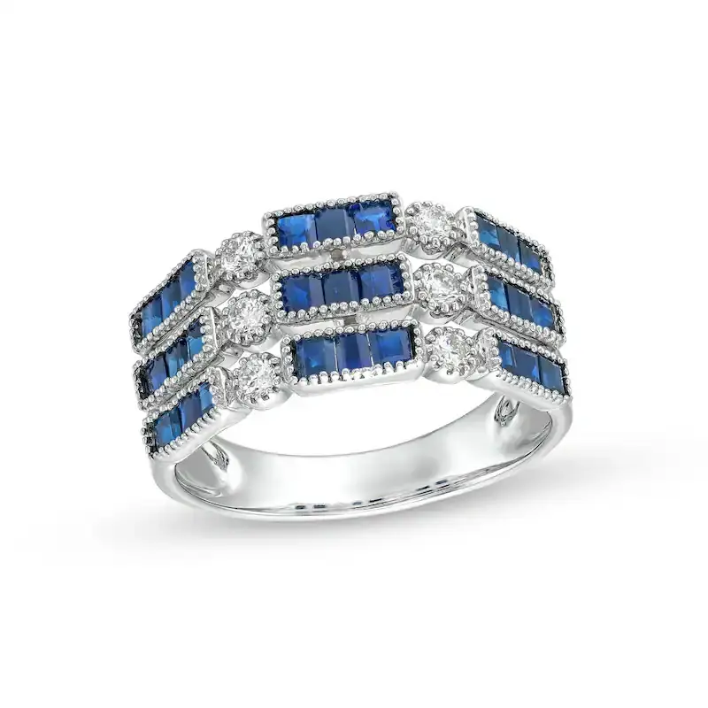 14K White Gold Round & Baguette Diamond & Sapphire Stackable Band I Color I1 Clarity