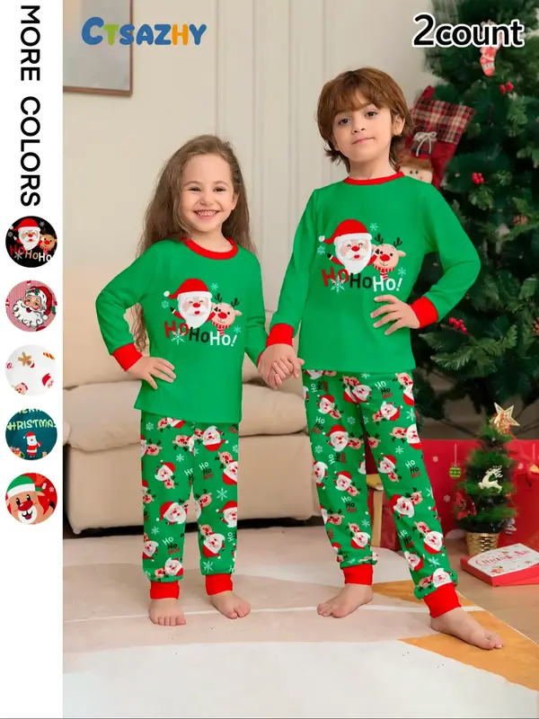 Christmas Kids Fireproof Pajamas Set, Santa Reindeer Print Top & Floral Pants, Casual Fitted Sleepwear for Fall Winter