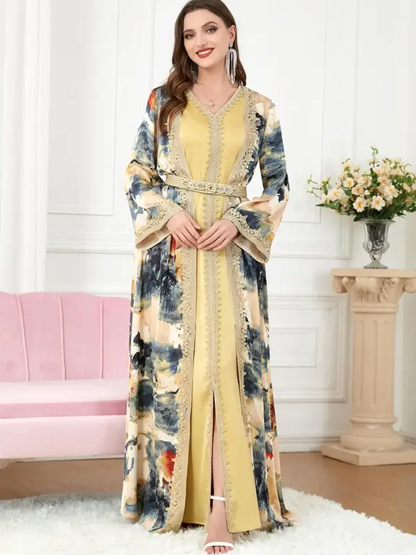 Women's Tie Dye Print Belted Abaya & Split Hem Dress Set, Elegant Flounce Sleeve Abaya & V Neck Dress, Women's Islamic Clothi...