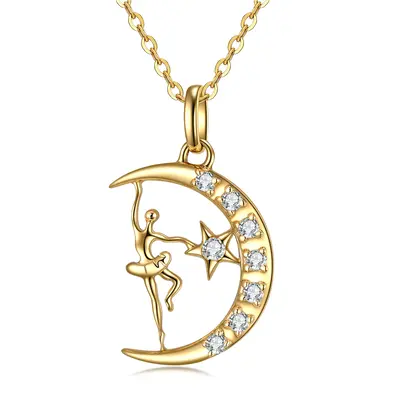 14K Gold Moissanite Dancing Girl Moon & Star Pendant Necklace For Ballet Lovers