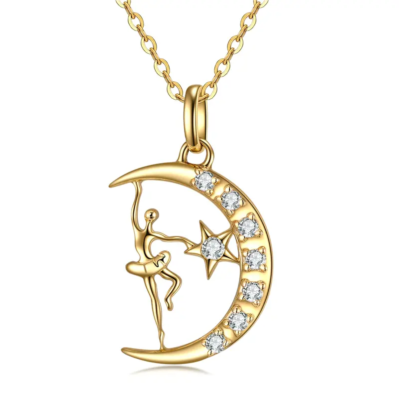 14K Gold Moissanite Dancing Girl Moon & Star Pendant Necklace For Ballet Lovers