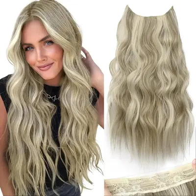 AISI HAIR FallFreshness Invisible Wire Hair Extensions with Transparent Headband, Adjustable Size 4, Secure Clips, Long Wavy ...