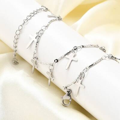 304 Stainless Steel Textured Link Bar Cross Charm Tassel Necklaces