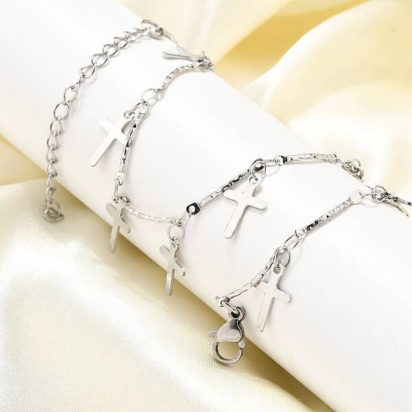 304 Stainless Steel Textured Link Bar Cross Charm Tassel Necklaces