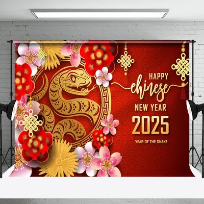Aperturee Vibrant Red Flower Snake Chinese New Year Celebration Backdrop - Aperturee