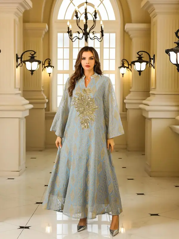 Women's Glitter Sequin Embroidery Long Abaya, Elegant Fashion Long Sleeve Open Front Dress for Daily Wear, Ladies Islamic Clo...