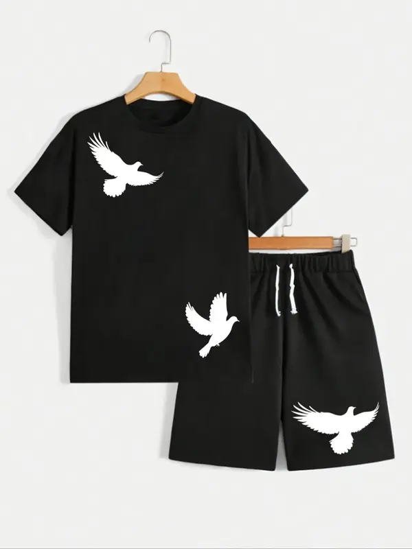 Boy's Dove Print Short Sleeve Tee & Shorts Two-Piece Set, Casual Fashion Cozy Round Neck T-shirt & Shorts for Daily Outdoor W...