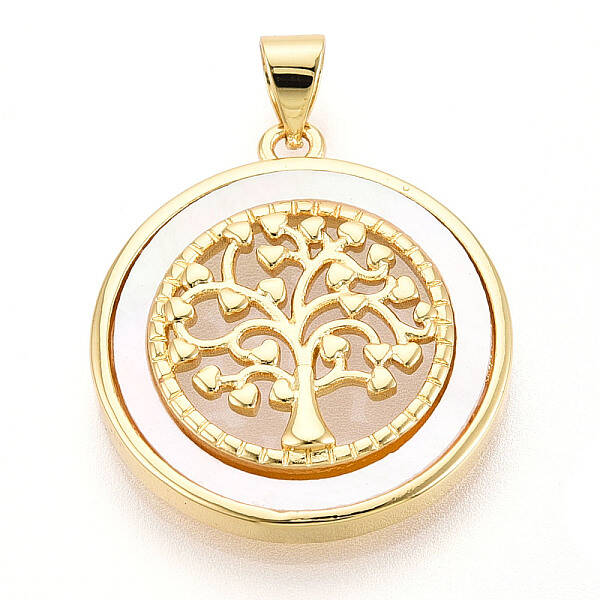 Brass Pave Natural Shell Hollow Flat Round with Tree of Life Pendants