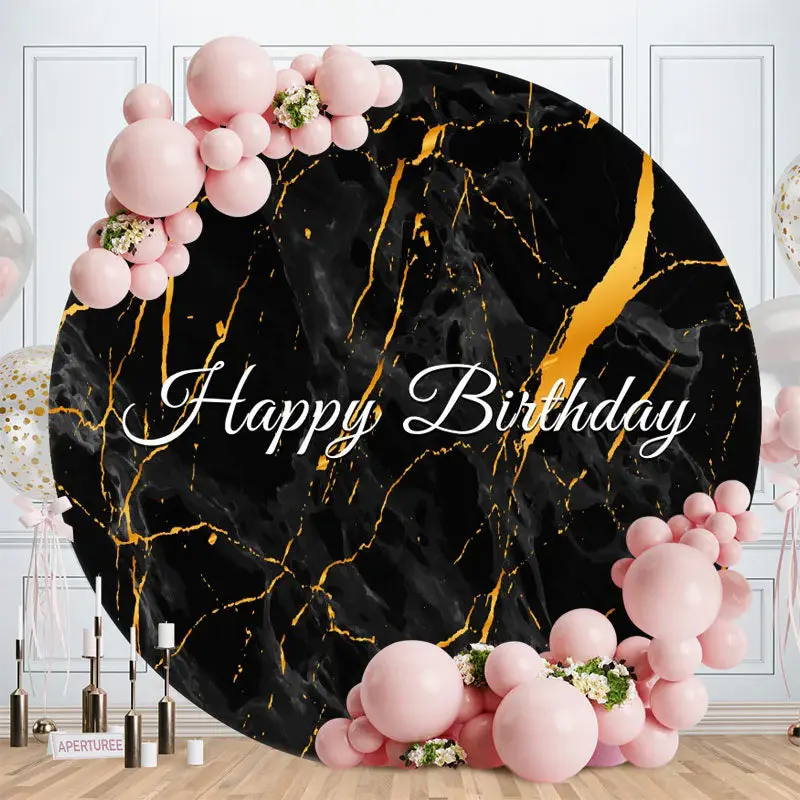 Aperturee Black Gold Marble Texture Round Birthday Backdrop