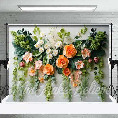 Floral Leaves White Wall Photography Spring Backdrop - Aperturee