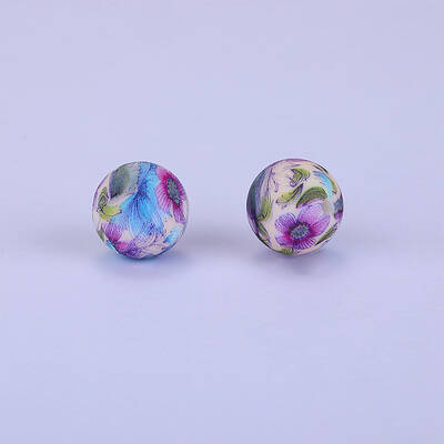 Printed Round with Flower Pattern Silicone Focal Beads