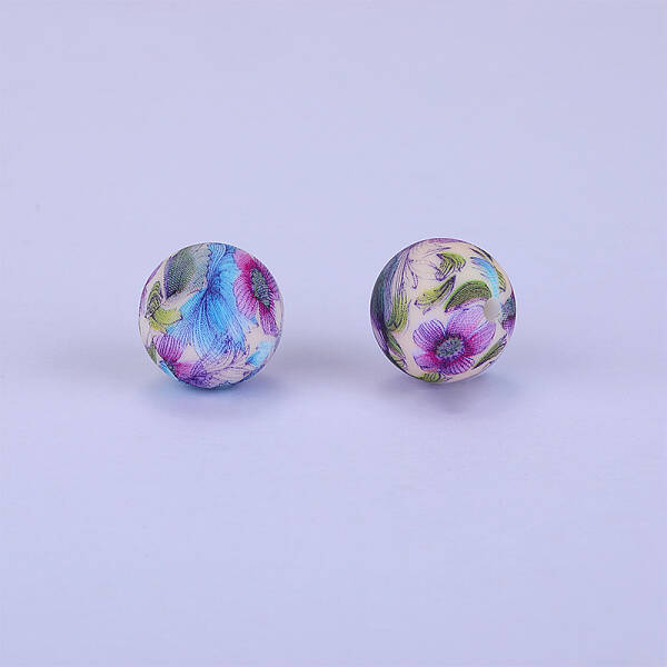 Printed Round with Flower Pattern Silicone Focal Beads