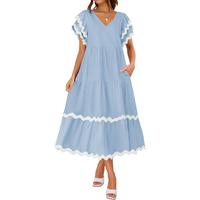 ZESICA Womens 2025 Summer Casual Midi Dresses V Neck Flutter Short Sleeve Ruffle Tiered A Line Flowy Beach Long Dress Womensw...