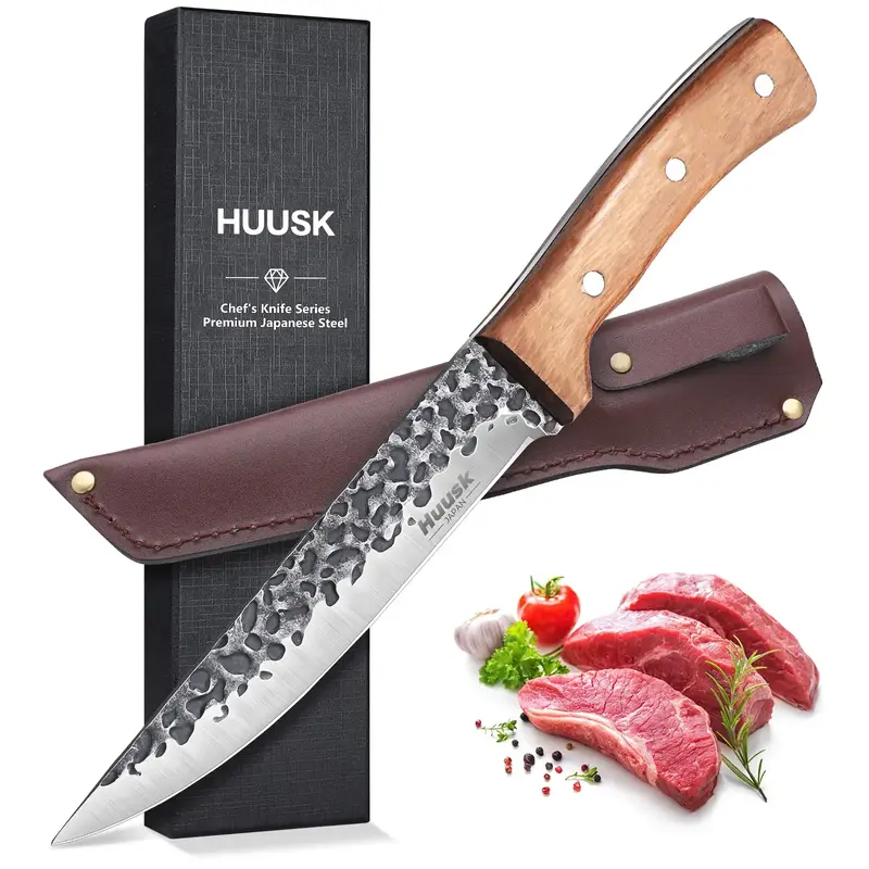 Huusk Boning Knives – Full Tang Butcher Knife for Meat Cutting & Brisket Trimming, Viking Knife with Sheath, Steel Blade Ki...