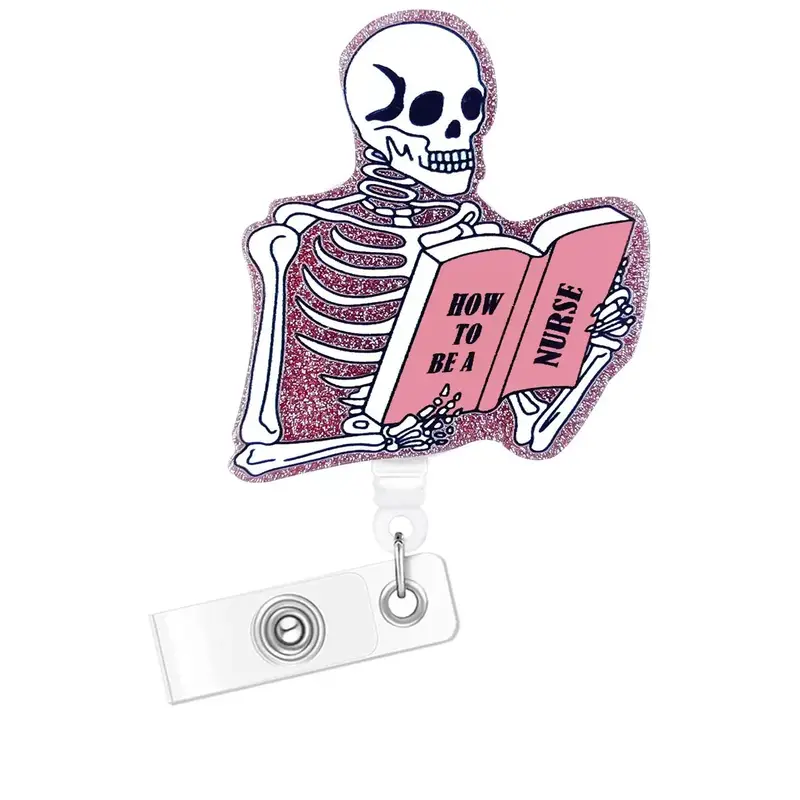Skeleton Reading Book Design Badge Holder, Belt Clip Retractable Name Badge Holder for Nurse Doctor Worker Volunteer, Hallowe...