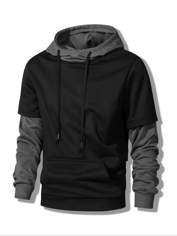 Men's Patchwork Print Hoodie, Casual Regular Fit Long Sleeve Hooded Sweatshirt for Daily Wear, Men's Top for All Seasons