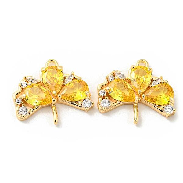 Real 18K Gold Plated Ginkgo Biloba Brass Micro Pave Cubic Zirconia Pendants