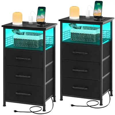 LED Night Stand with Charger Station, Nightstand Sets of 2, Bedside Table with USB Ports for Living Room, Skinny dresser with...