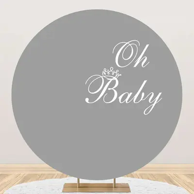 Grey White Oh Baby Round Boy Gender Reveal Backdrop - Aperturee