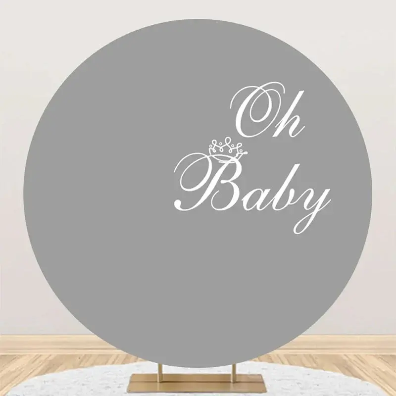 Grey White Oh Baby Round Boy Gender Reveal Backdrop - Aperturee