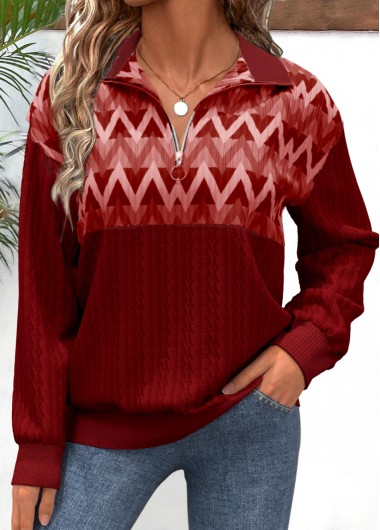 Modlily Red Zipper Geometric Print Long Sleeve V Neck Sweatshirt - L