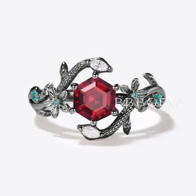 Double Snake Hexagon Cut Ruby Engagement Ring Floral Leaf Ring