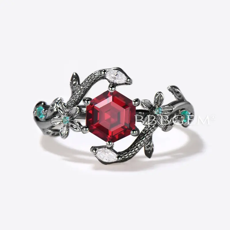 Double Snake Hexagon Cut Ruby Engagement Ring Floral Leaf Ring