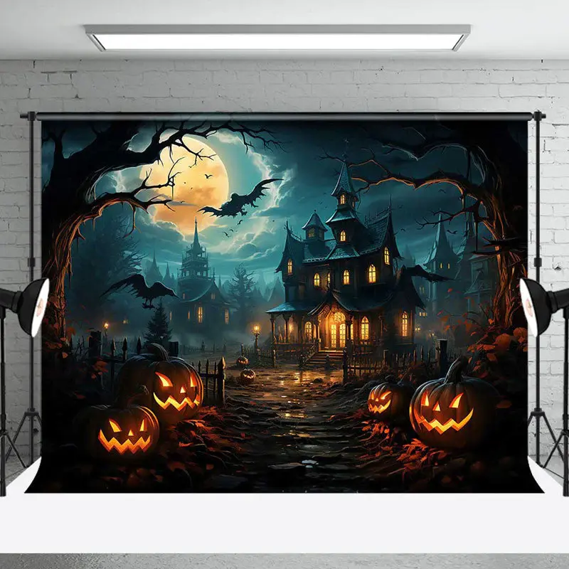 Moon Night Castle Trunk Pumpkin Halloween Backdrop