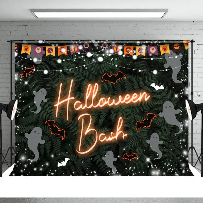 Dim Green Leaves Ghost Bat Snow Halloween Backdrop - Aperturee