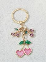 Cute Pink Cherry & Heart Pendants Design Keychain, Fashionable Metal Keychain for Women & Girls, Trendy All-match & Exquisite...