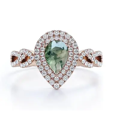 Sterling Silver with Rose Gold Plated Pear Cut Moss Agate Ring